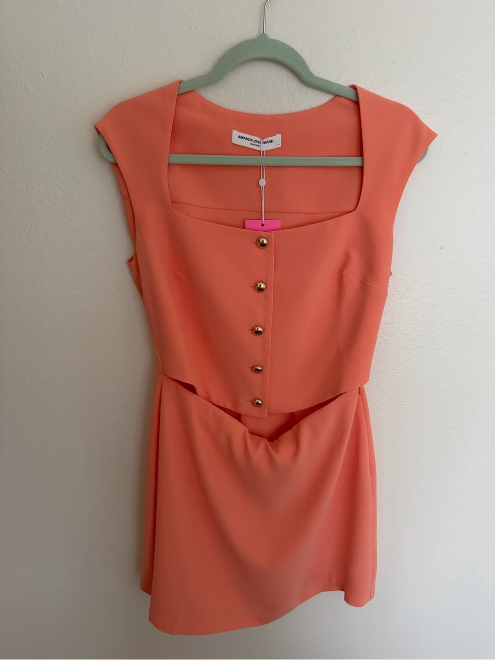 Amanda Uprichard NWT Coral Sleeveless Square-Neck Mini Dress with Gold Buttons